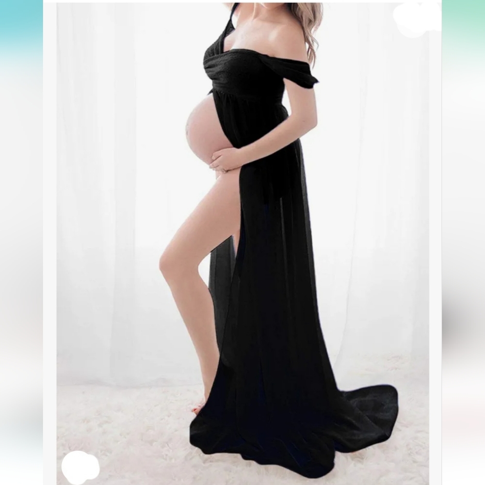 NEW Off Shoulder Chiffon Maternity Gown Lace Split Front Maxi Photoshoot